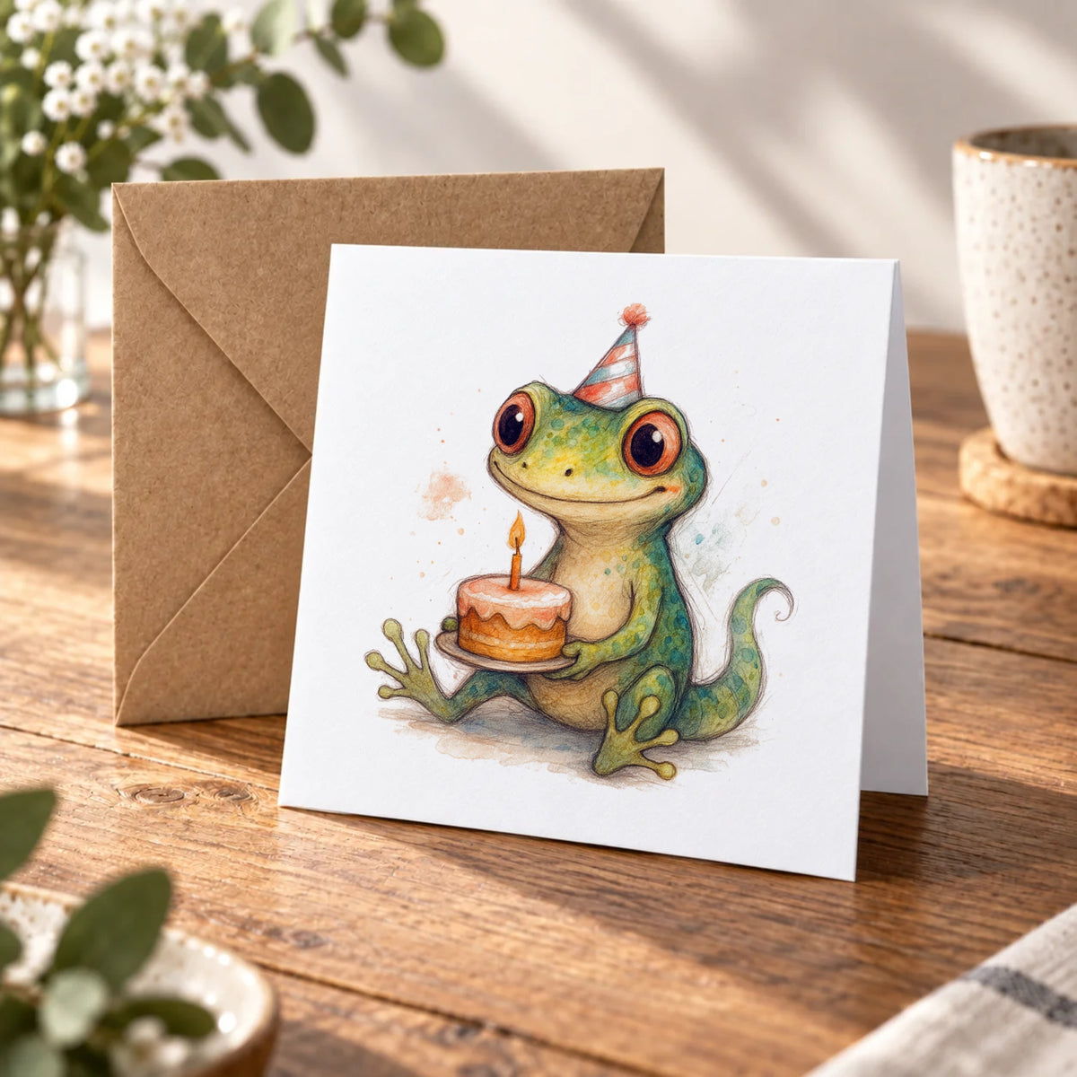 Gecko Greeting Card – Warm Wood