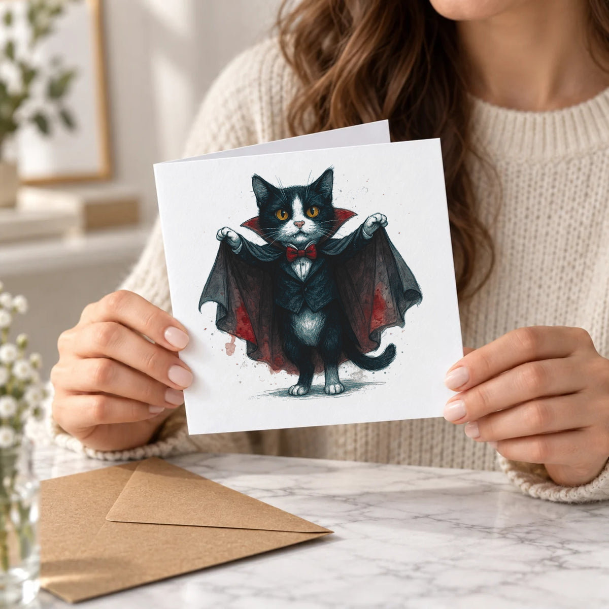 Vampire Cat Greeting Card – Held Card