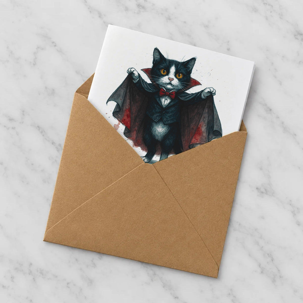 Vampire Cat Greeting Card – Half in Envelope