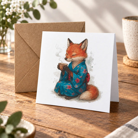 Fox Kimono Greeting Card – Warm Wood