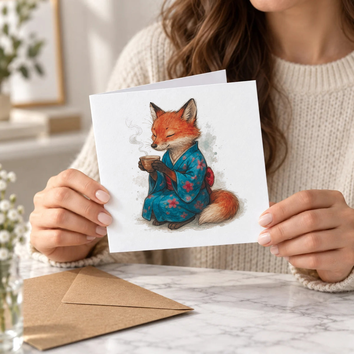 Fox Kimono Greeting Card – Held Card
