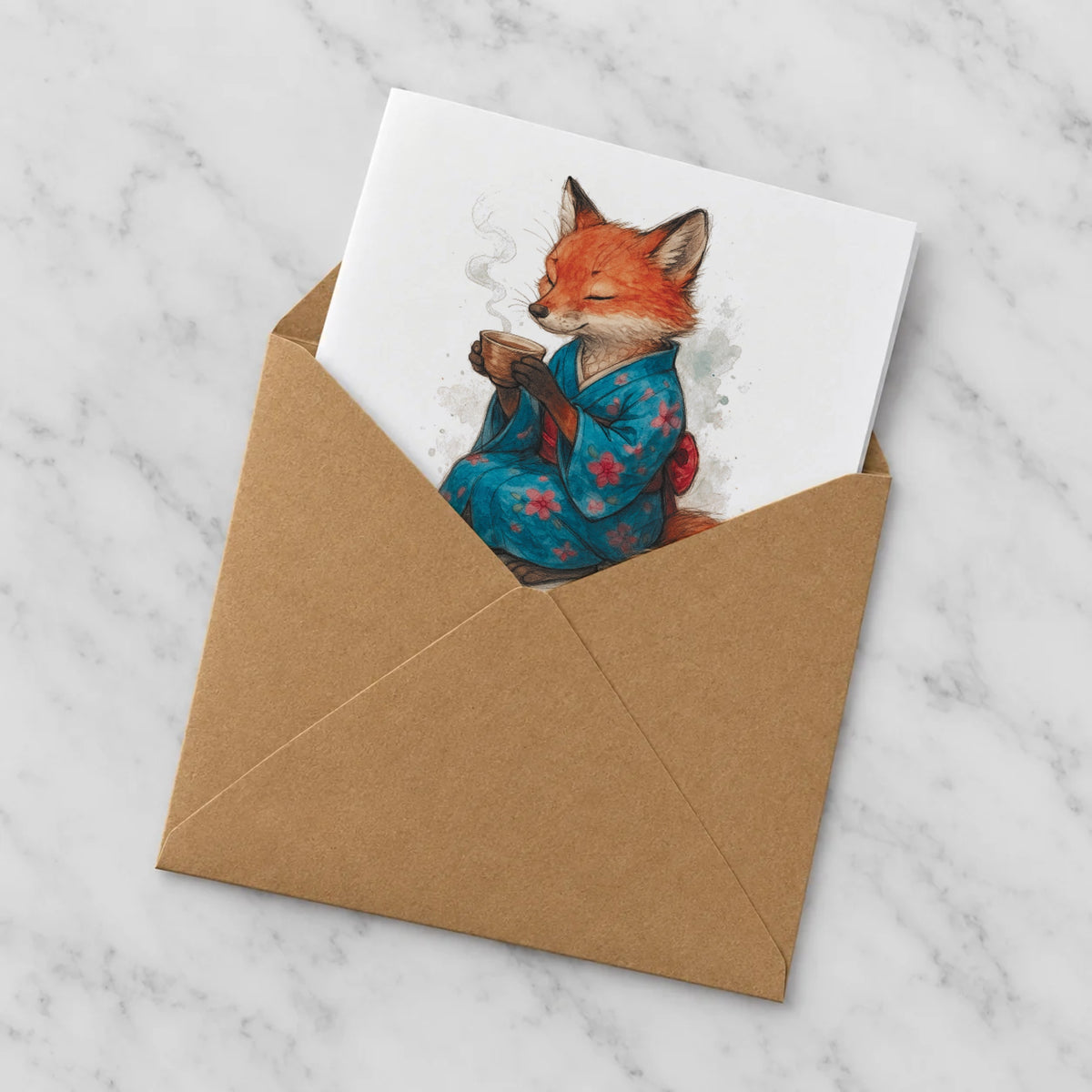 Fox Kimono Greeting Card – Half in Envelope