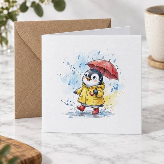 Penguin Rainy Day Greeting Card – Hero