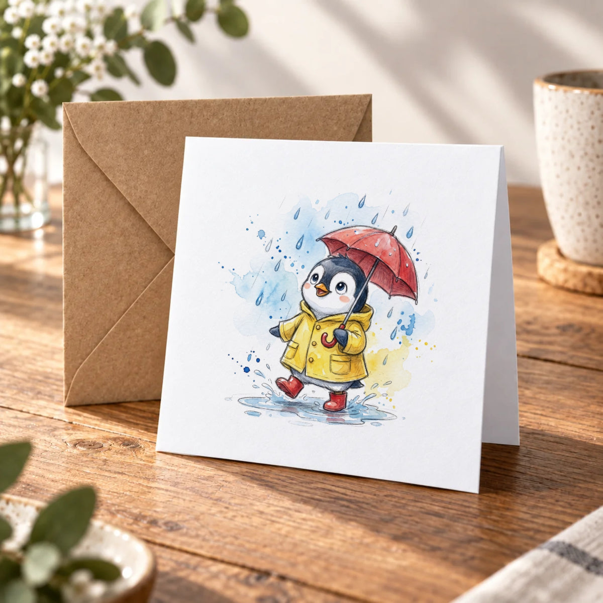 Penguin Rainy Day Greeting Card – Warm Wood