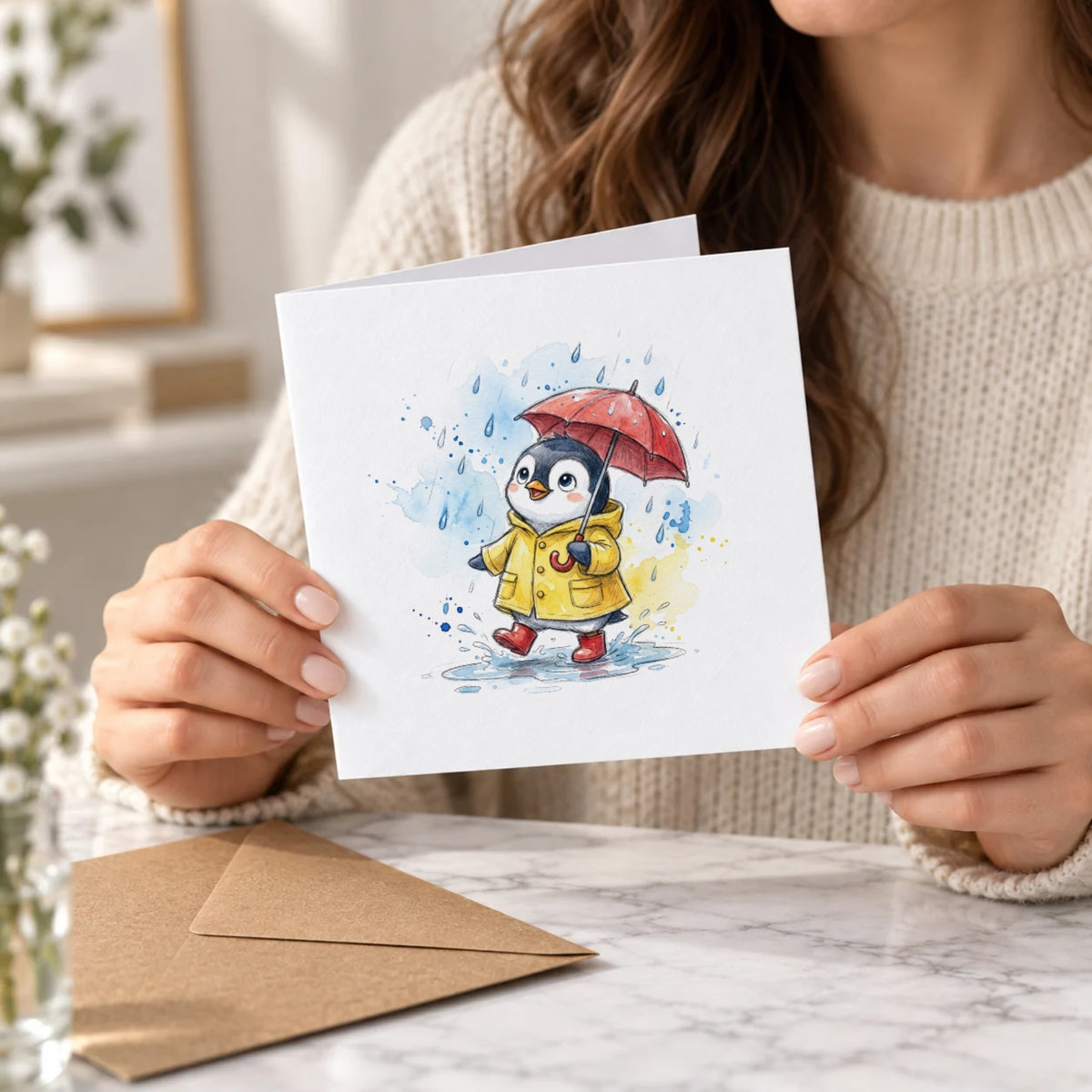 Penguin Rainy Day Greeting Card – Held Card