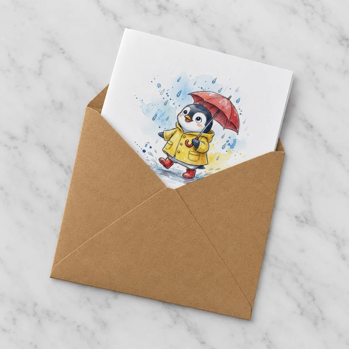 Penguin Rainy Day Greeting Card – Half in Envelope