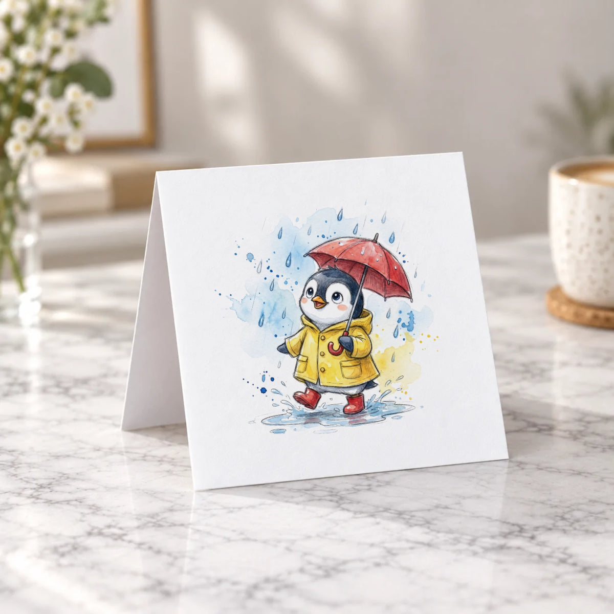 Penguin Rainy Day Greeting Card – Tent Fold