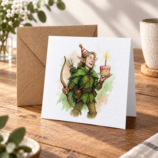 Fantasy Elf Archer Greeting Card – Warm Wood