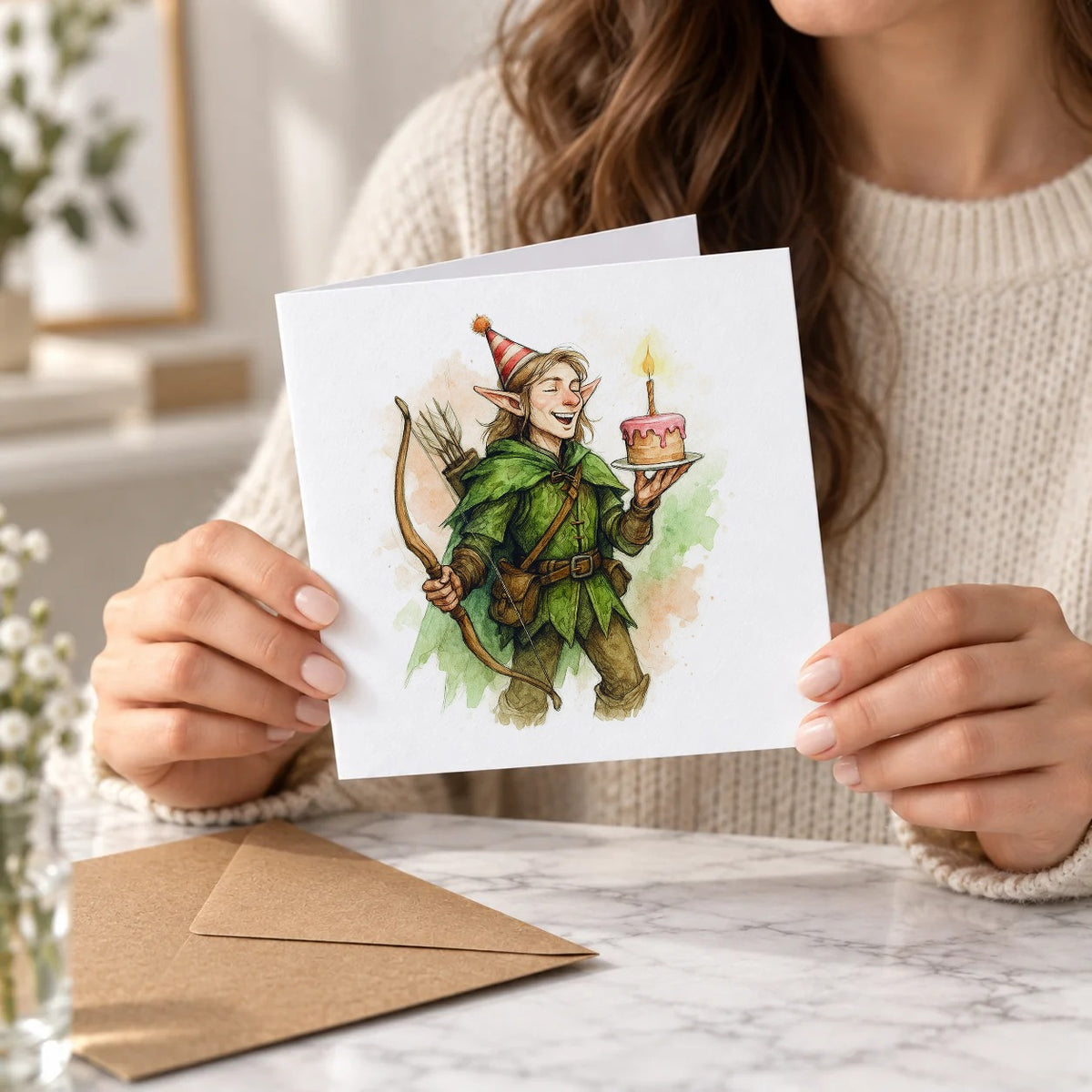 Fantasy Elf Archer Greeting Card – Held Card
