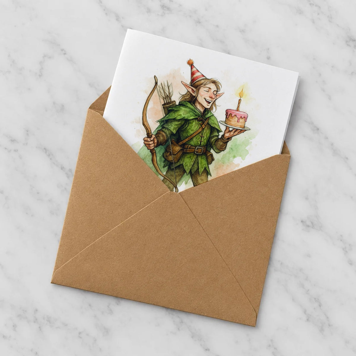 Fantasy Elf Archer Greeting Card – Half in Envelope