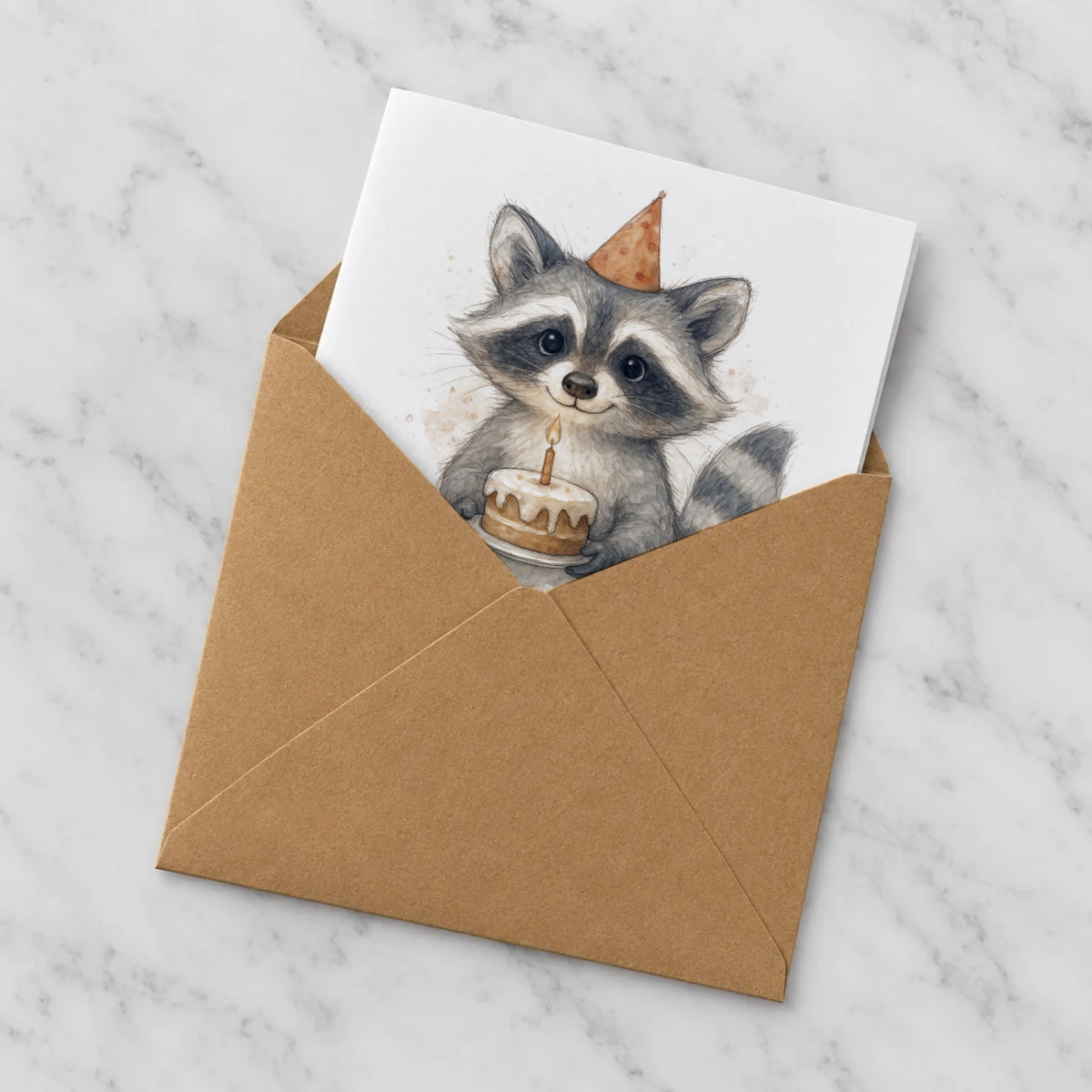 Raccoon Greeting Card – Half in Envelope