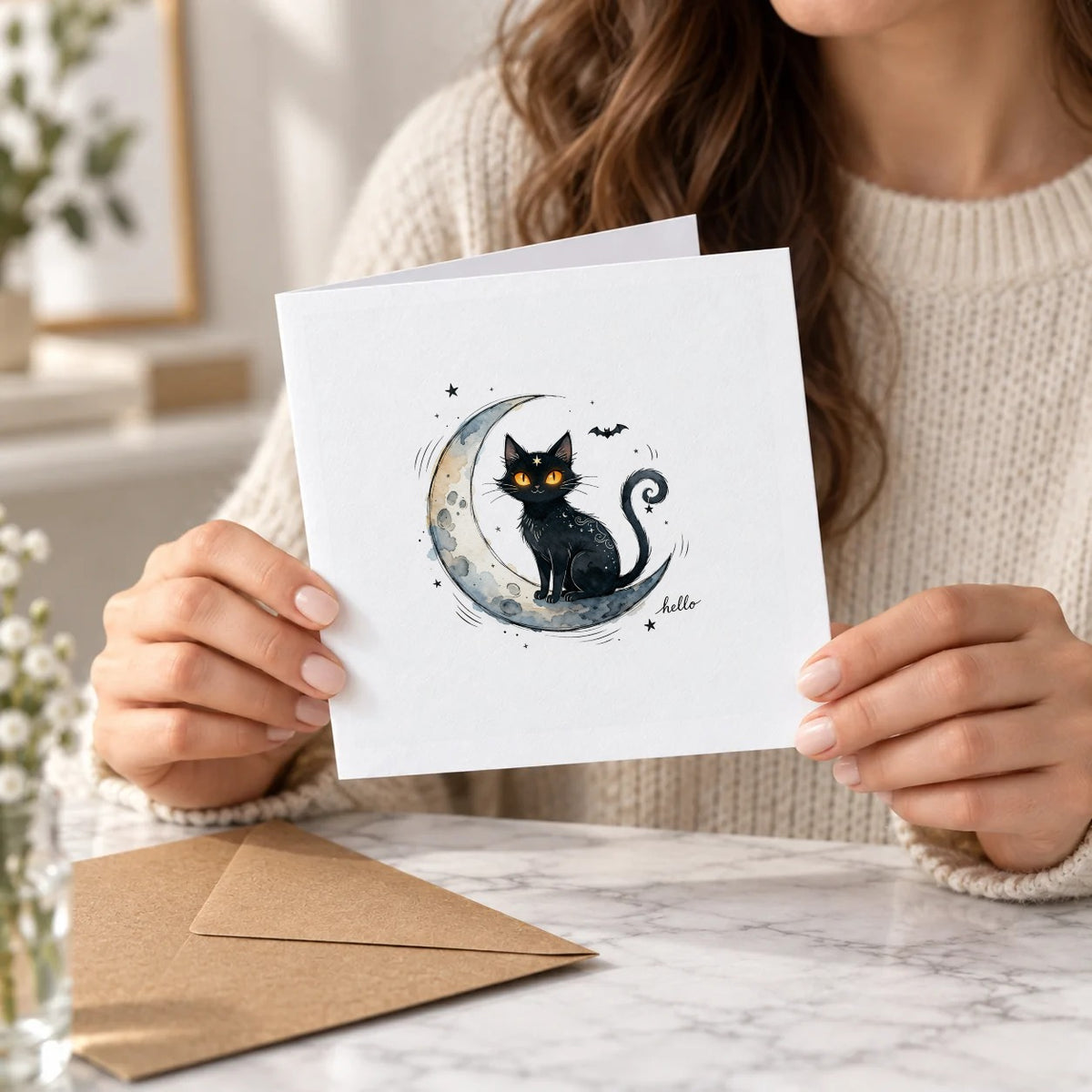 Black Cat Moon Greeting Card – Held Card