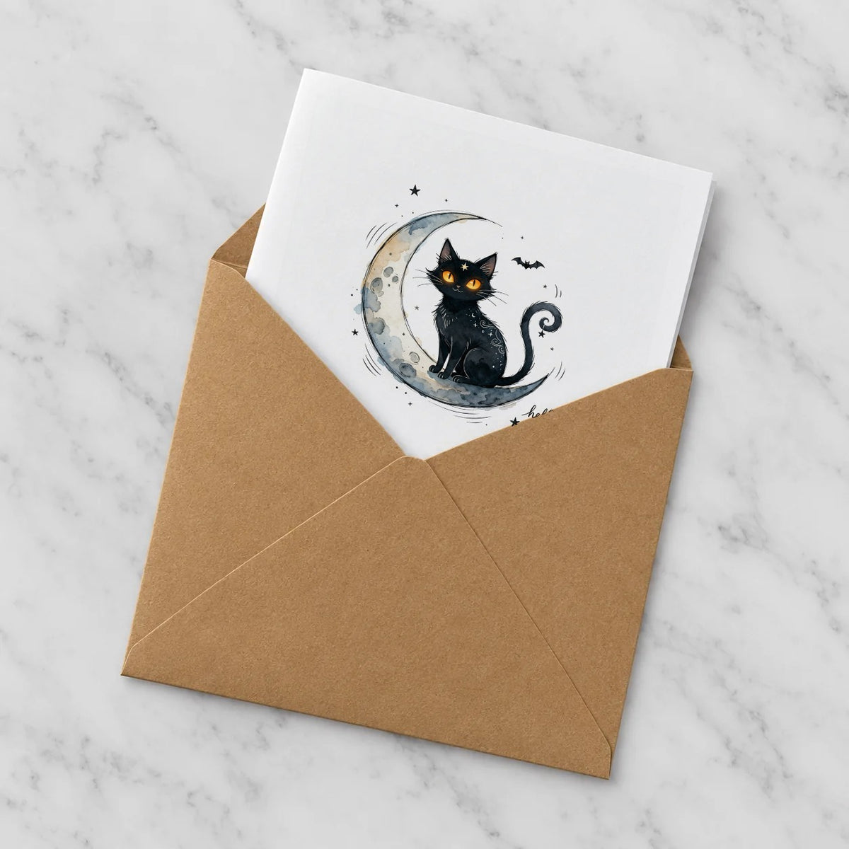 Black Cat Moon Greeting Card – Half in Envelope