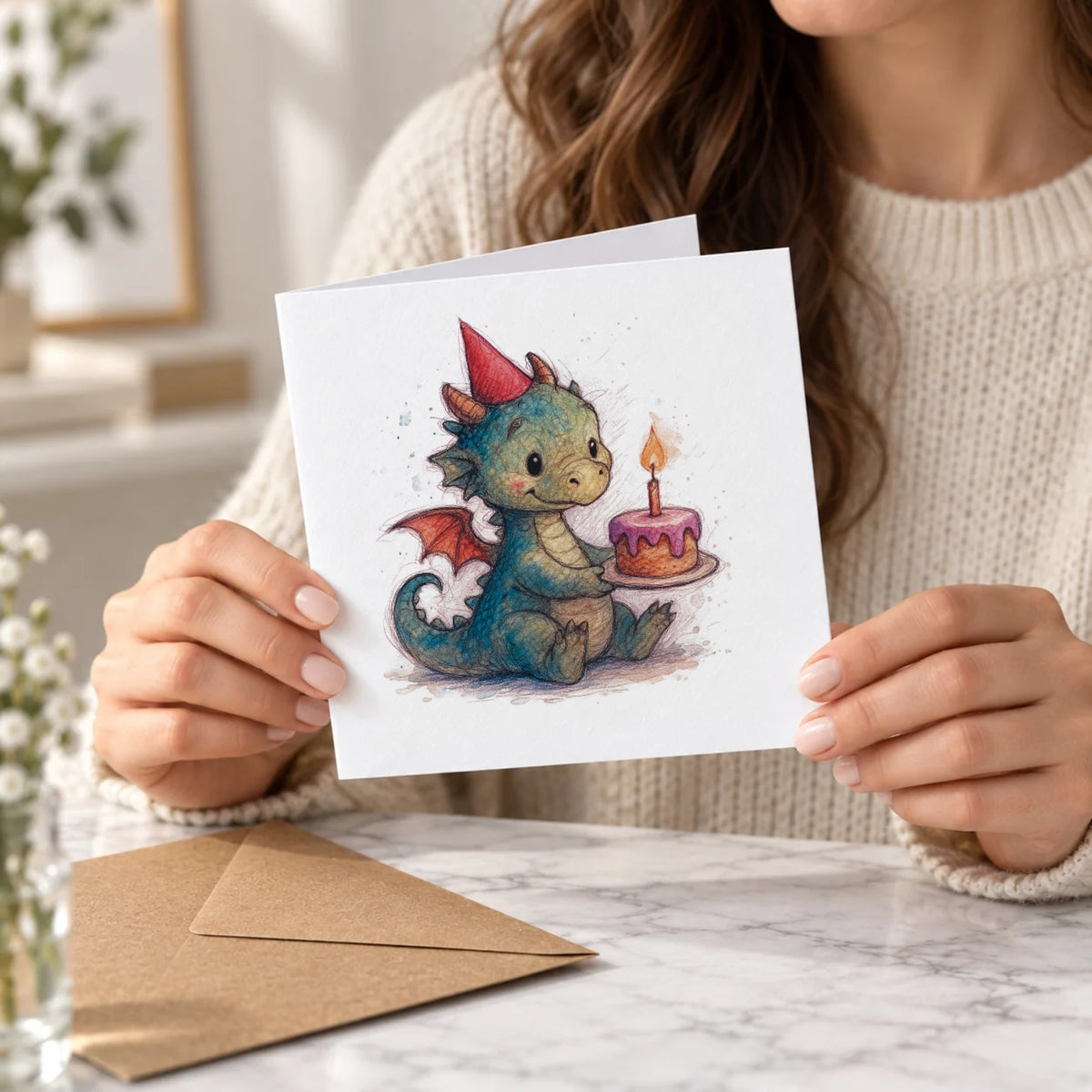 Dragon Cake Greeting Card – Held Card
