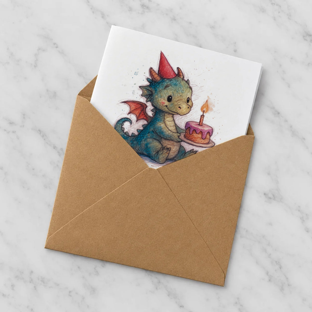 Dragon Cake Greeting Card – Half in Envelope