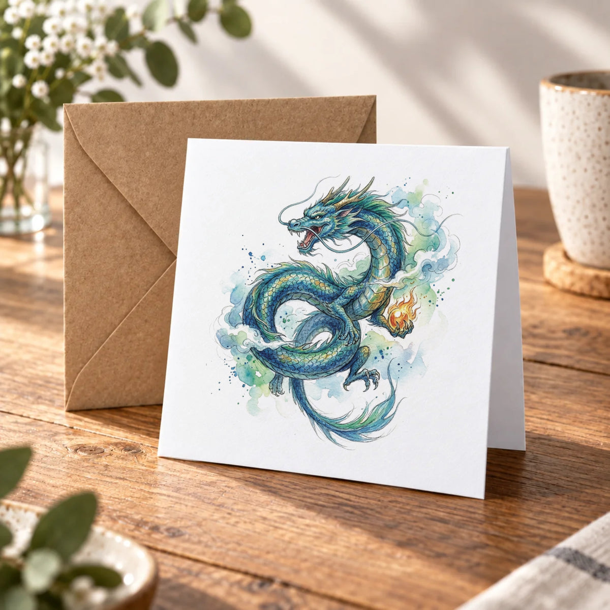Blue Dragon Greeting Card – Warm Wood