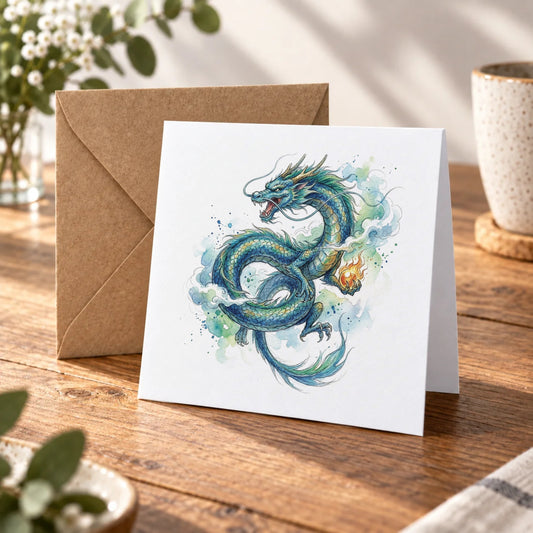 Blue Dragon Greeting Card – Warm Wood