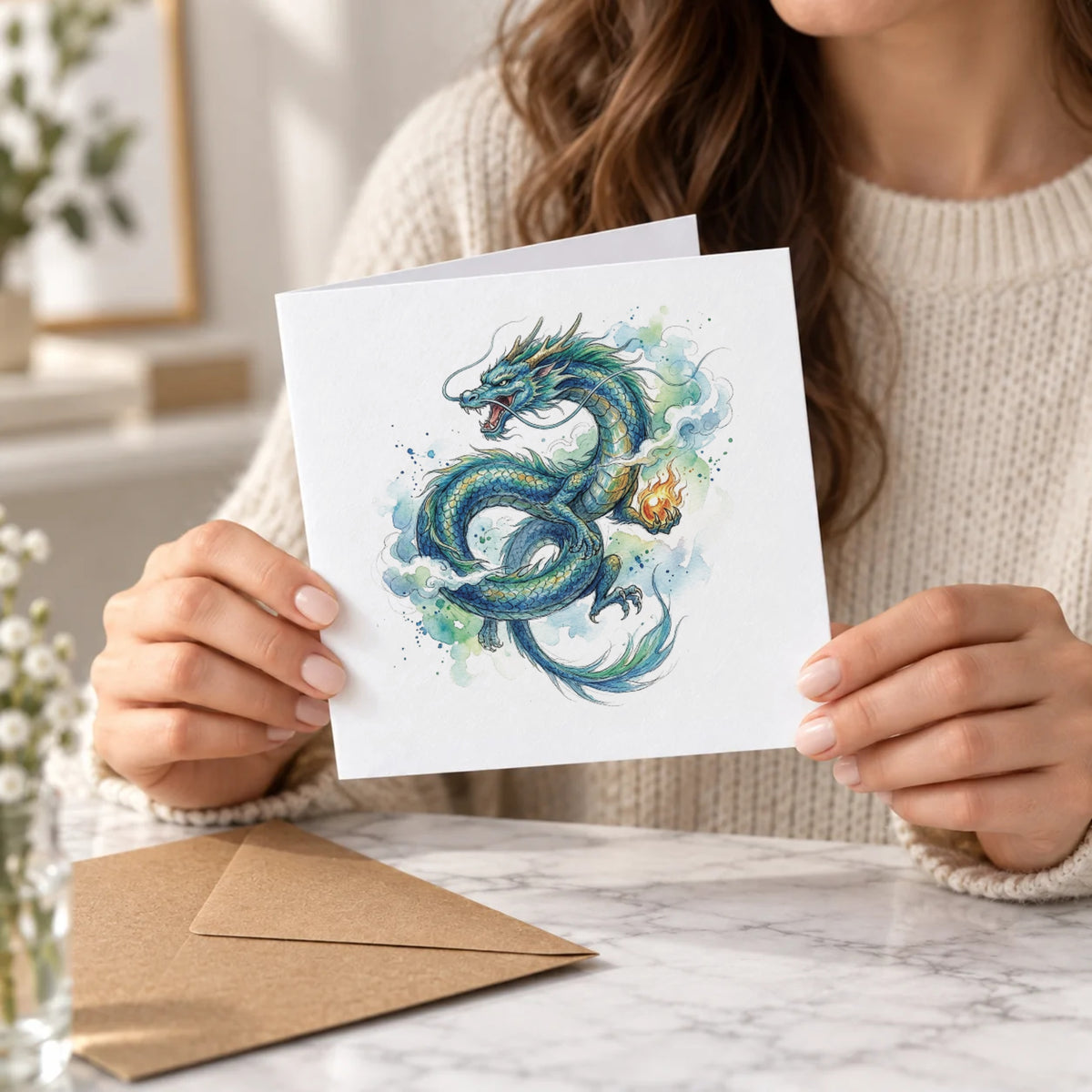 Blue Dragon Greeting Card – Held Card