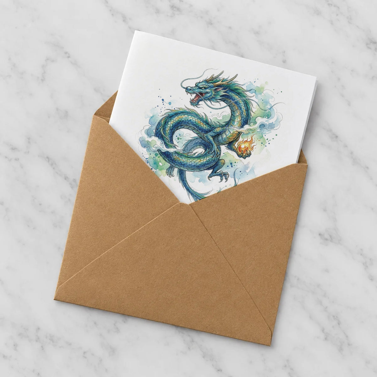 Blue Dragon Greeting Card – Half in Envelope