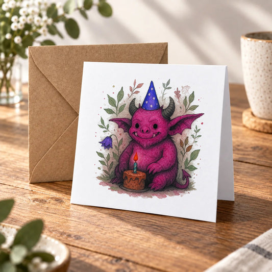 Cute Monster Greeting Card – Warm Wood