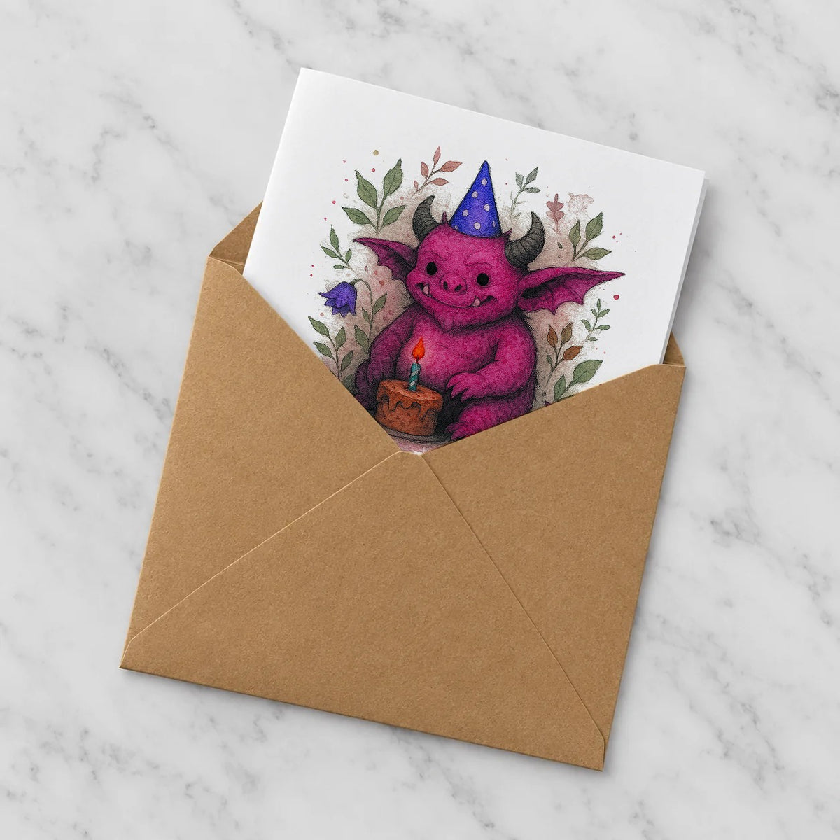 Cute Monster Greeting Card – Half in Envelope