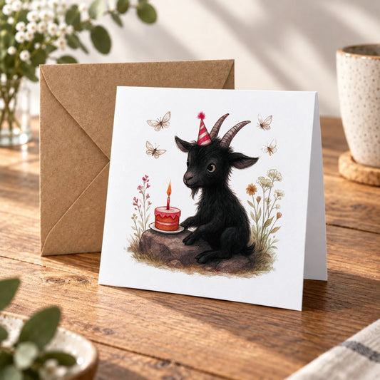 Gothic Black Goat Greeting Card – Warm Wood