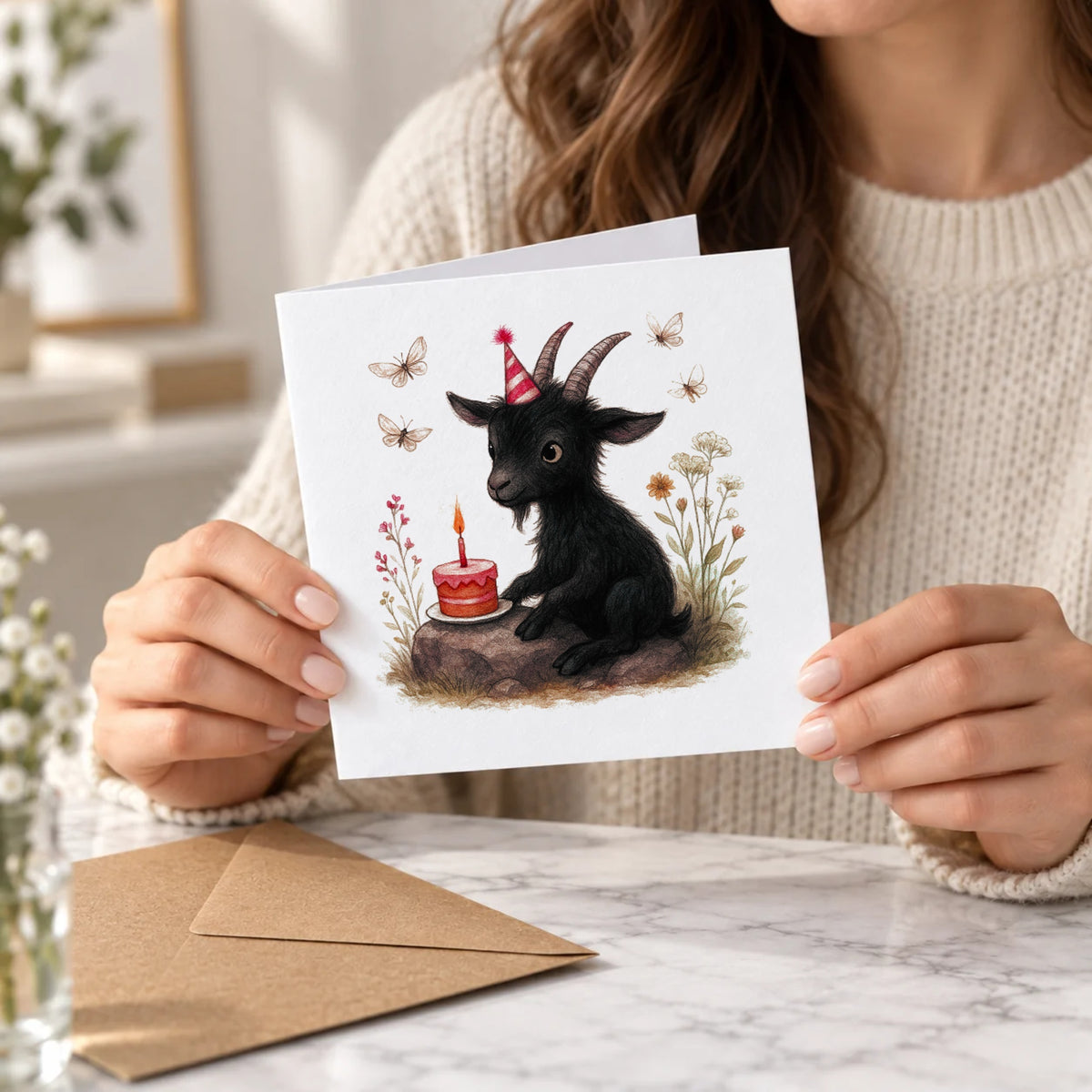 Gothic Black Goat Greeting Card – Held Card