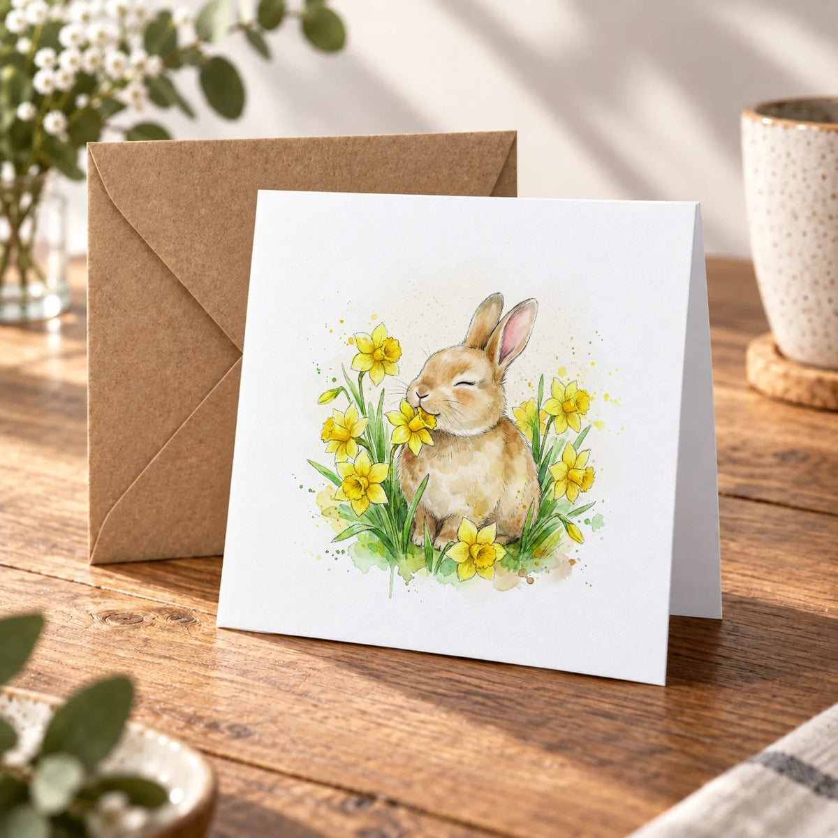 Rabbit & Daffodils Greeting Card – Warm Wood