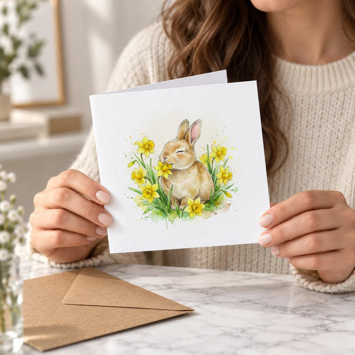Rabbit & Daffodils Greeting Card – Held Card