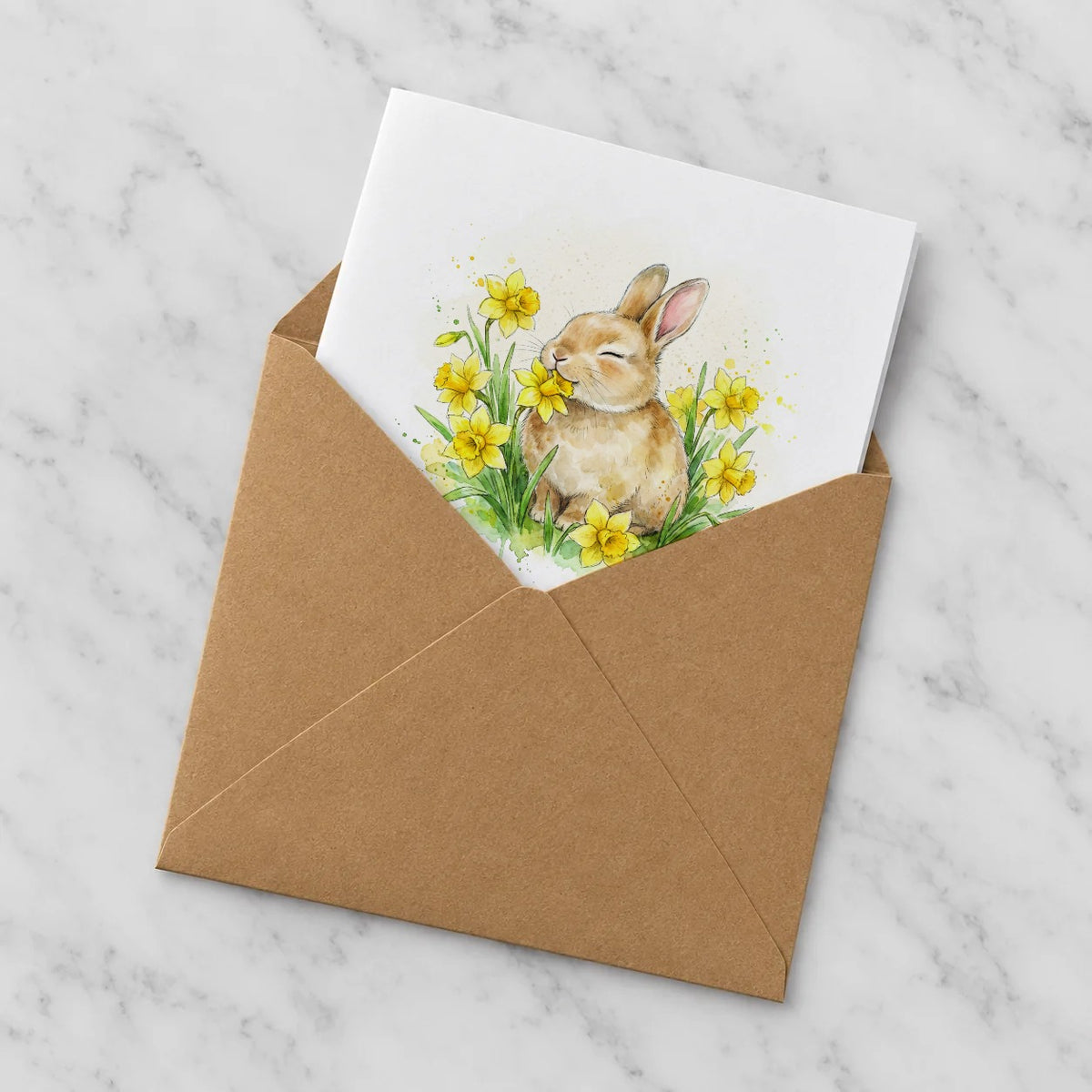Rabbit & Daffodils Greeting Card – Half in Envelope