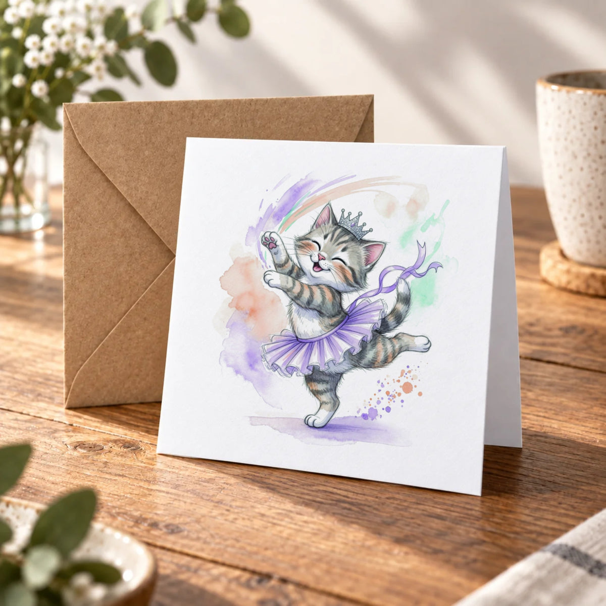 Ballerina Kitten Greeting Card – Warm Wood