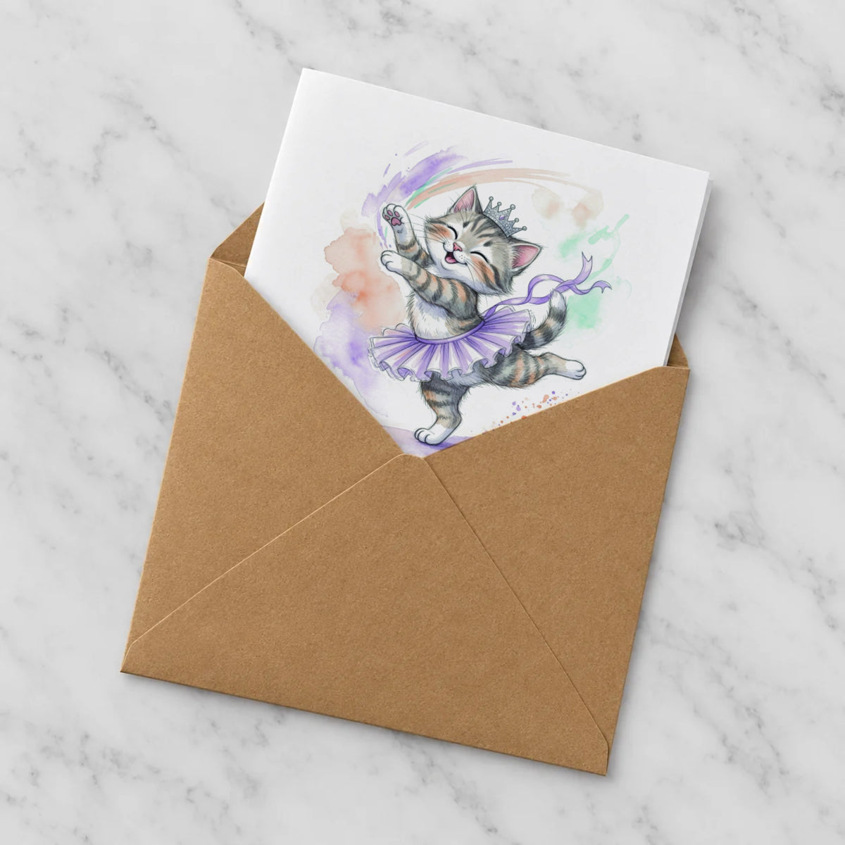Ballerina Kitten Greeting Card – Half in Envelope