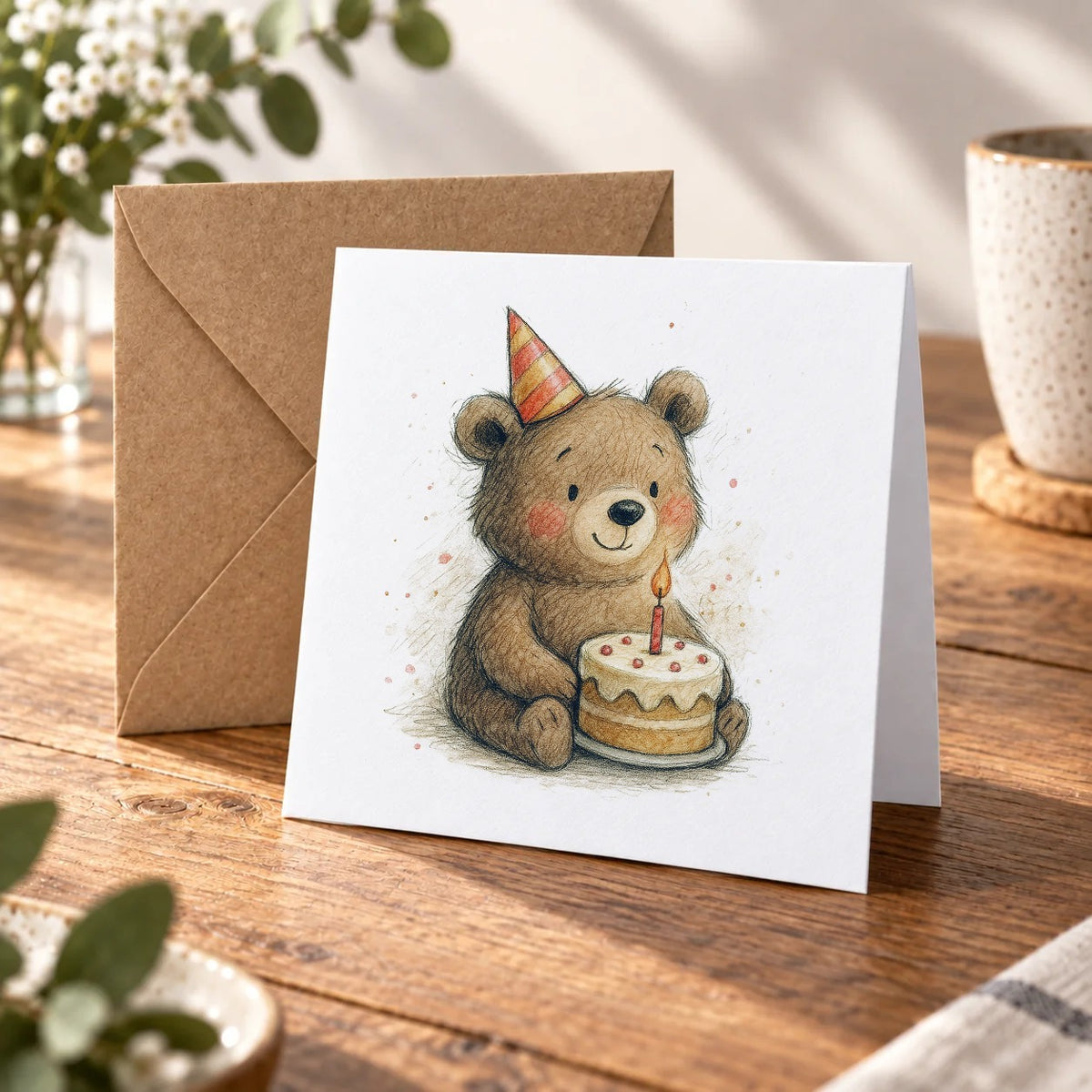 Party Bear Greeting Card – Warm Wood
