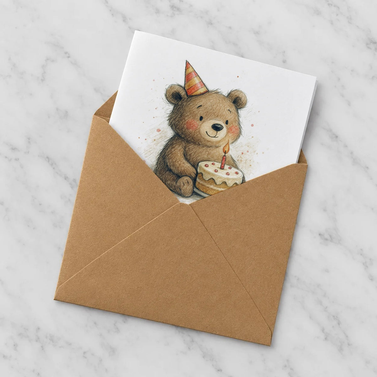 Party Bear Greeting Card – Half in Envelope