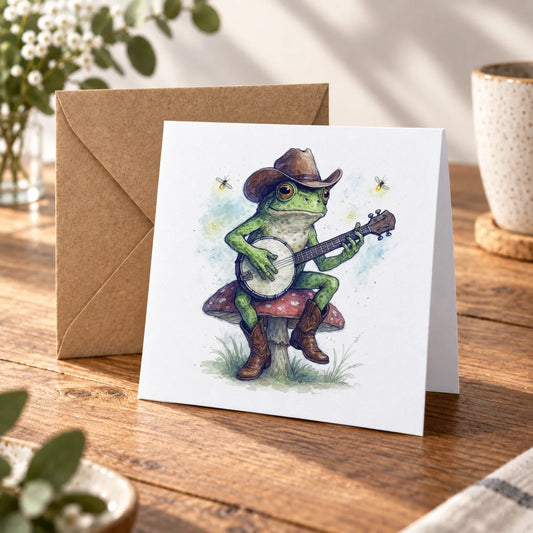 Banjo Frog Cowboy Greeting Card – Warm Wood