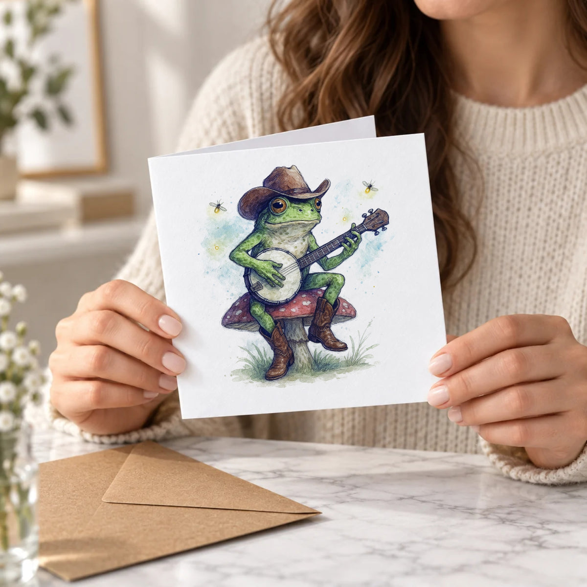 Banjo Frog Cowboy Greeting Card – Held Card