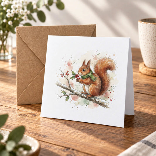 Winter Squirrel Greeting Card – Warm Wood