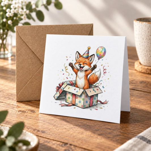 Whimsical Fox Greeting Card – Warm Wood