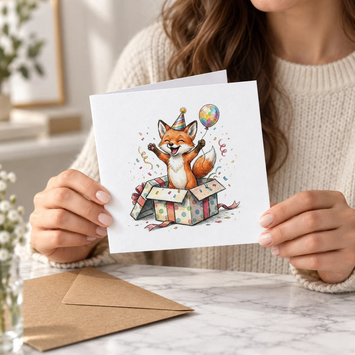 Whimsical Fox Greeting Card – Held Card