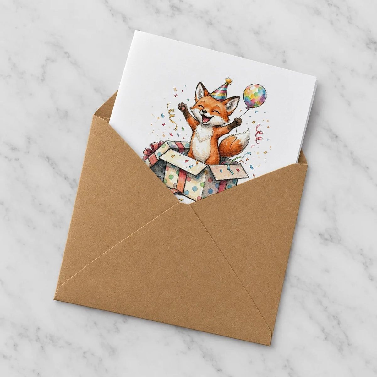 Whimsical Fox Greeting Card – Half in Envelope