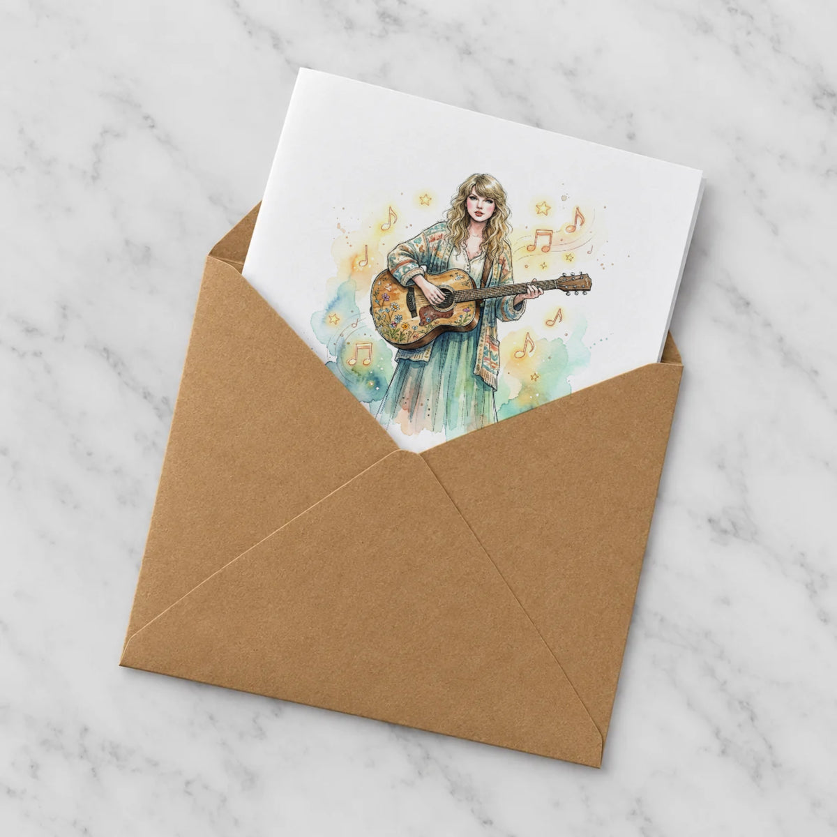 Folk Music Guitar Greeting Card – Half in Envelope