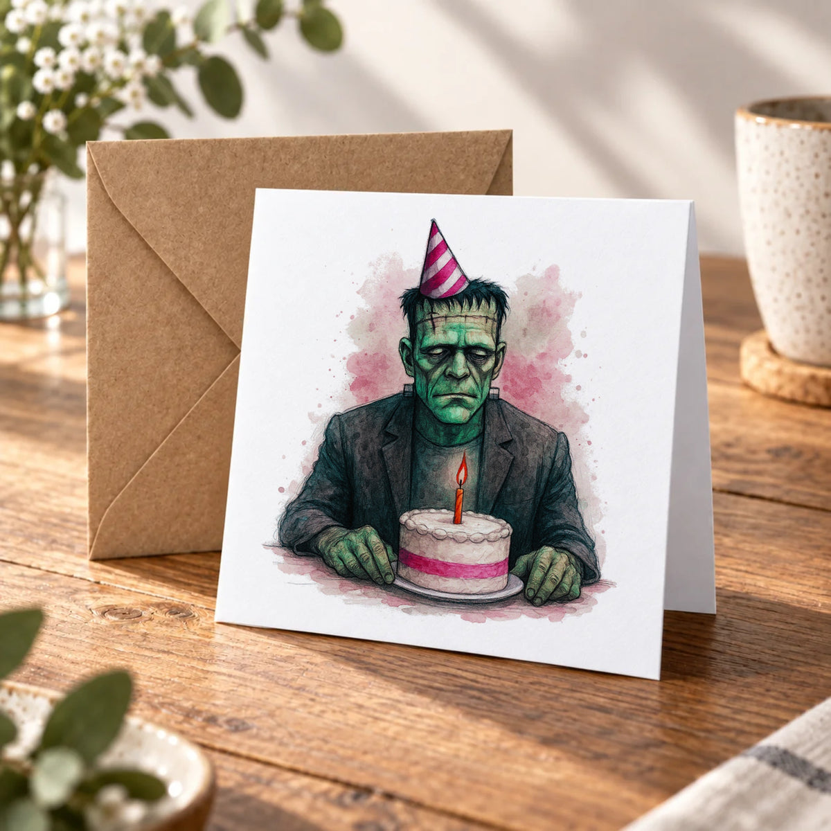 Classic Monster Greeting Card – Warm Wood