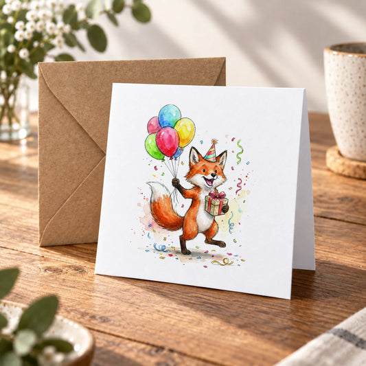 Fox Balloons Greeting Card – Warm Wood