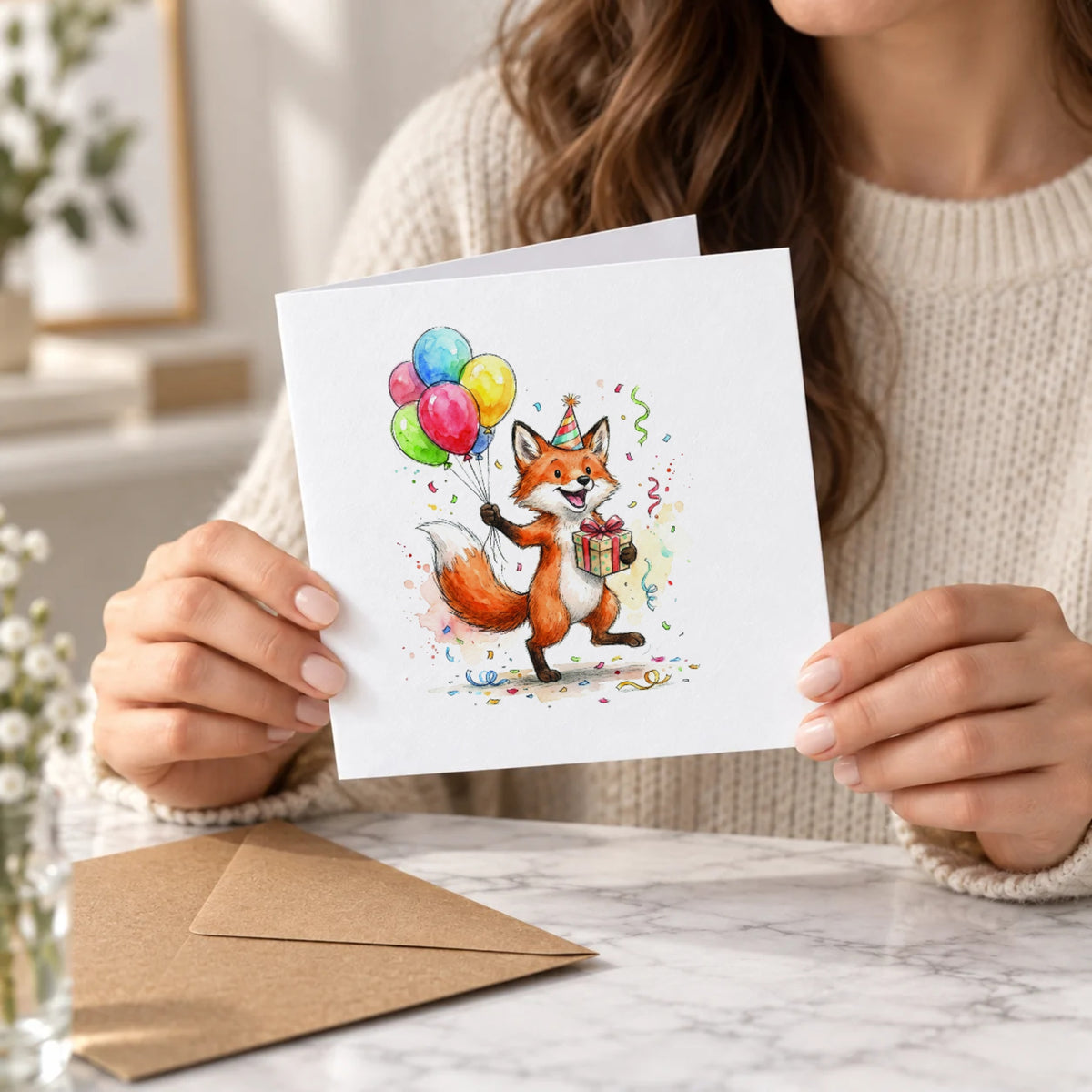 Fox Balloons Greeting Card – Held Card