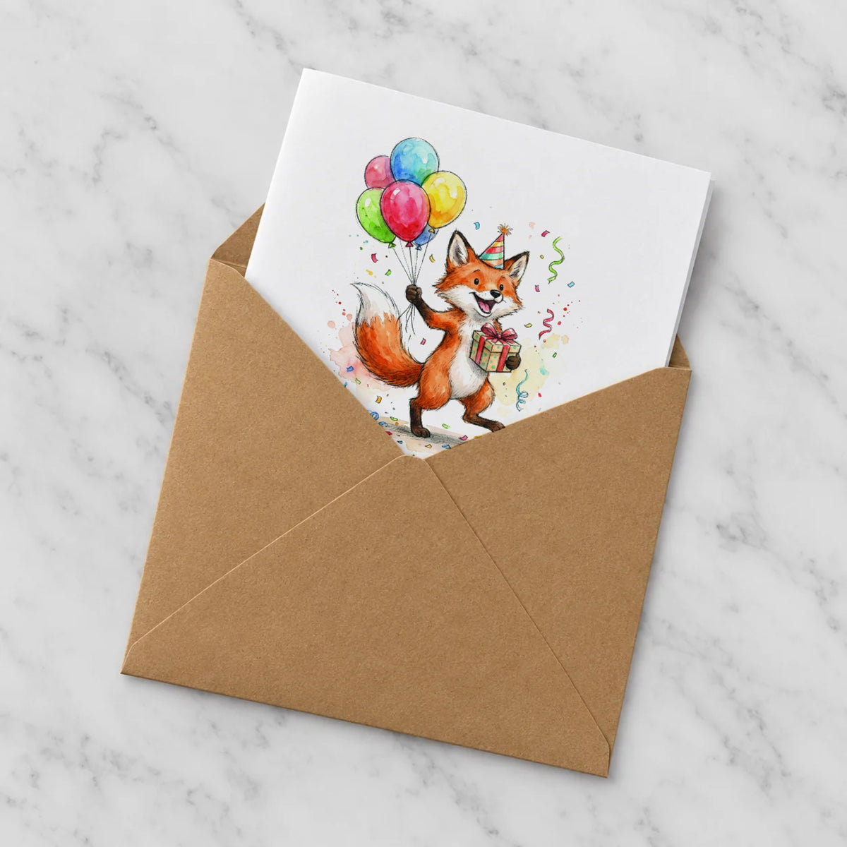 Fox Balloons Greeting Card – Half in Envelope