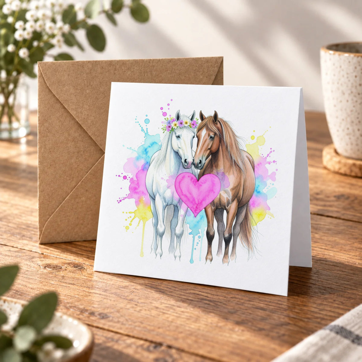Romantic Horses Love Greeting Card – Warm Wood