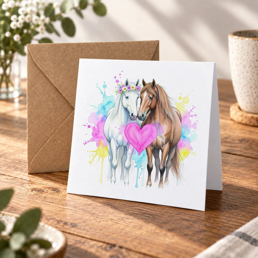 Romantic Horses Love Greeting Card – Warm Wood