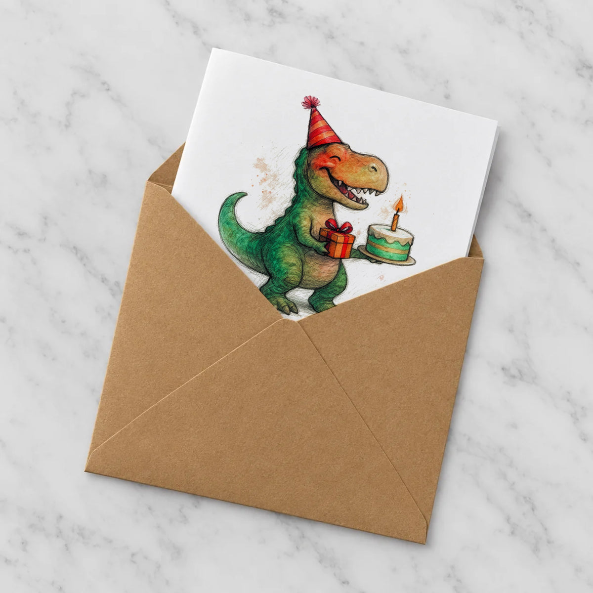 T-rex Greeting Card – Half in Envelope
