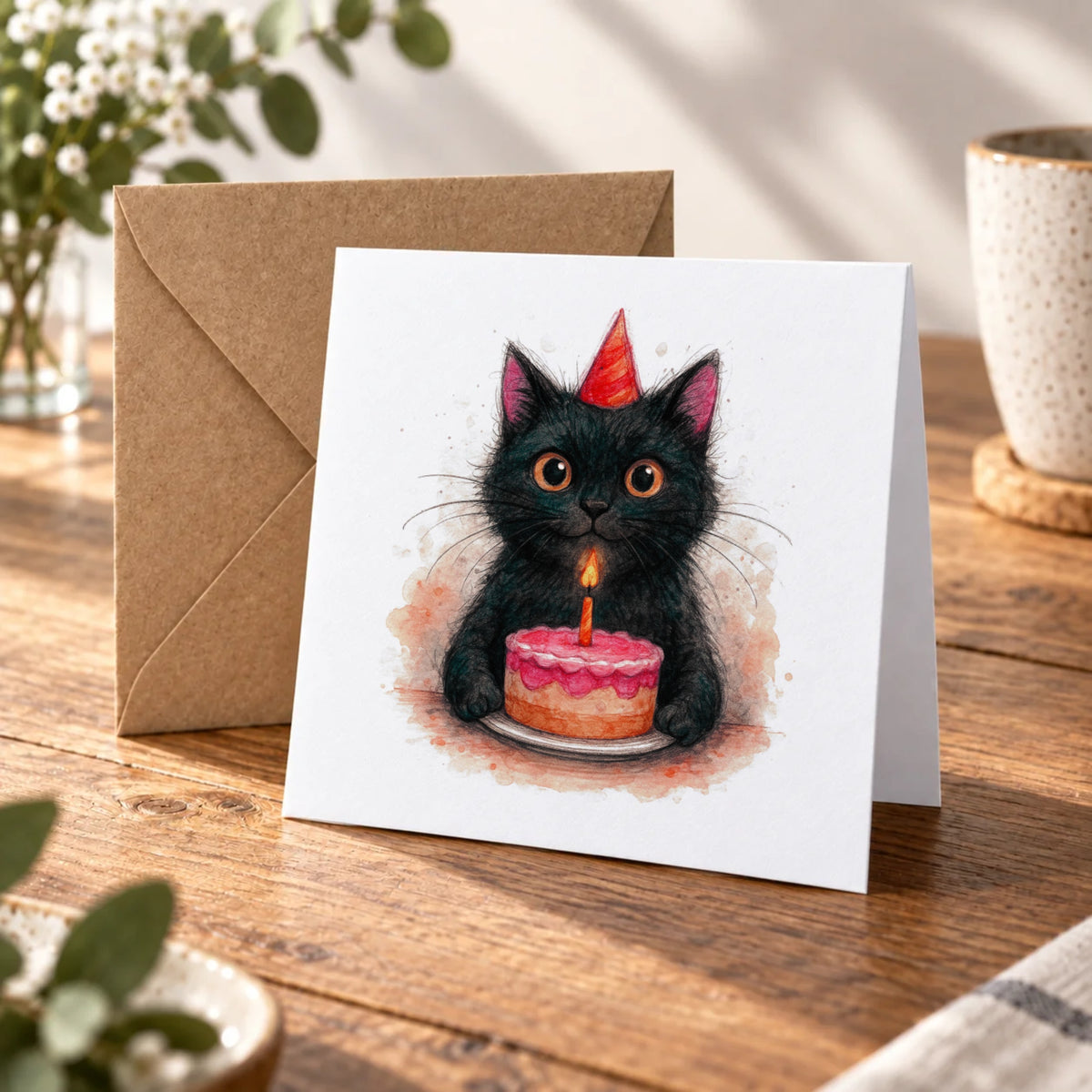 Black Cat Greeting Card – Warm Wood