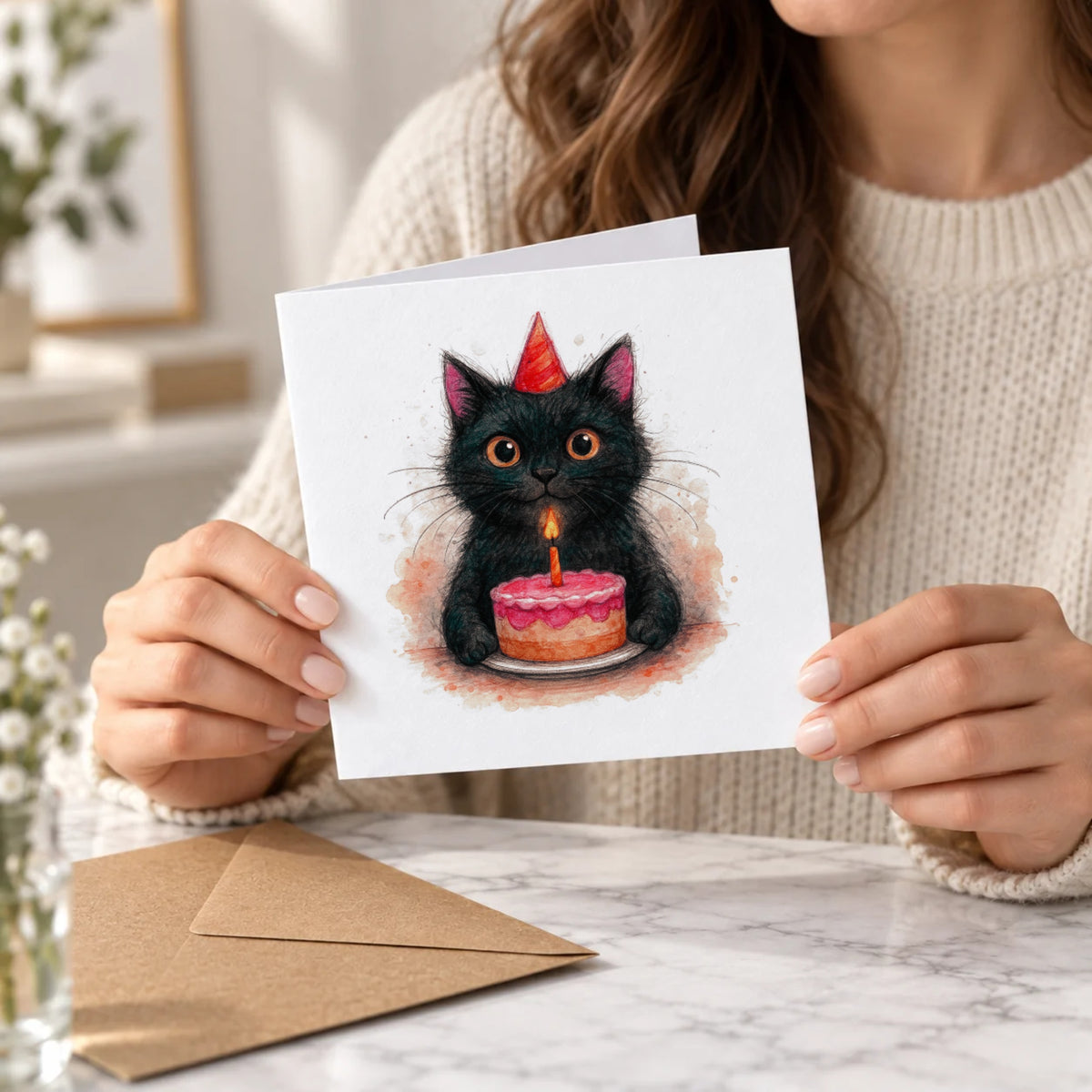 Black Cat Greeting Card – Held Card
